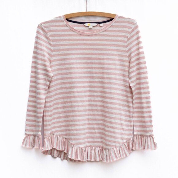 Boden Tops - Boden Top Womens 4 Pink White Striped Long Sleeve Ruffle Hem Linen Crew Neck